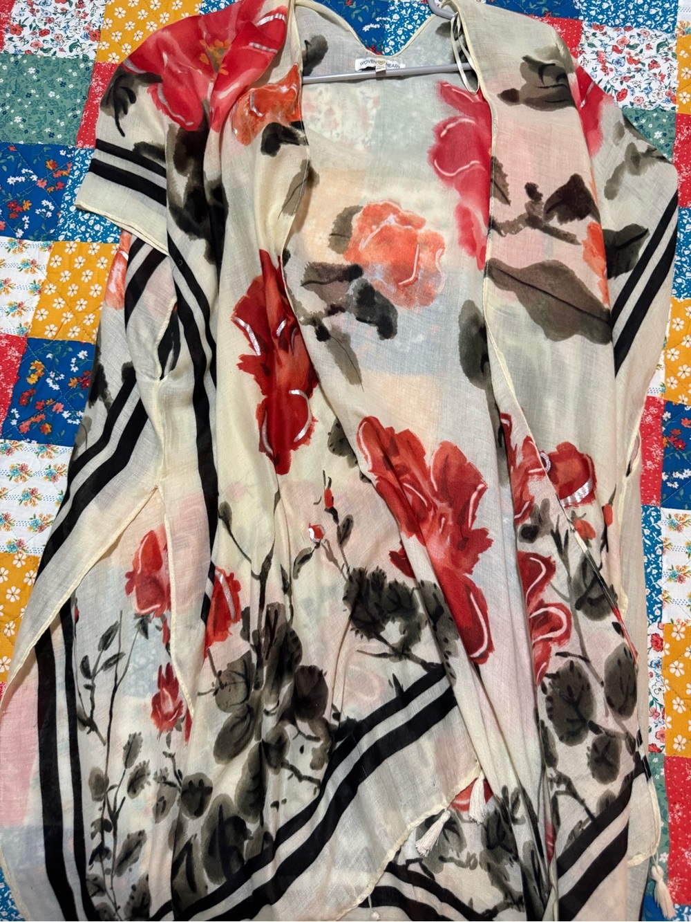 Woven Heart Cream Floral Open Cardigan with Red & Black Accents